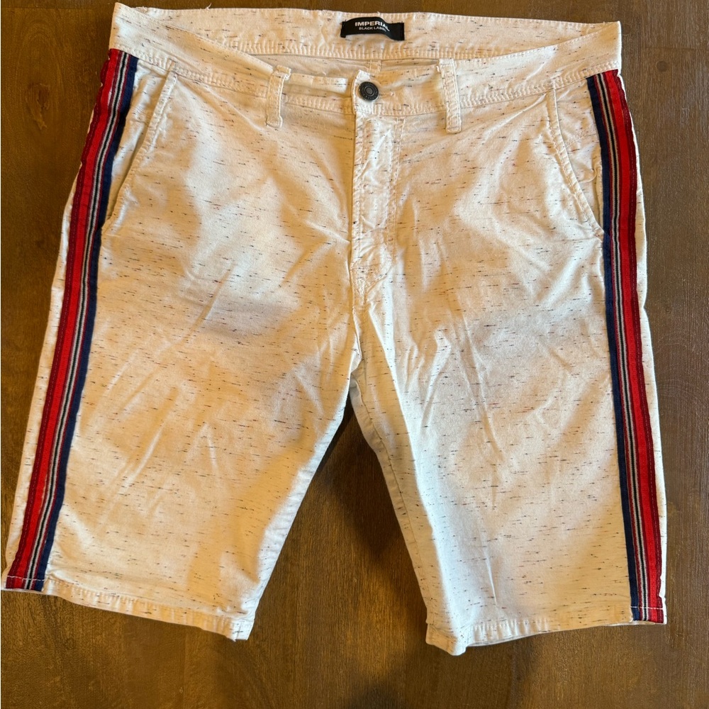Men's Cream Shorts with Red and Blue Stripes
